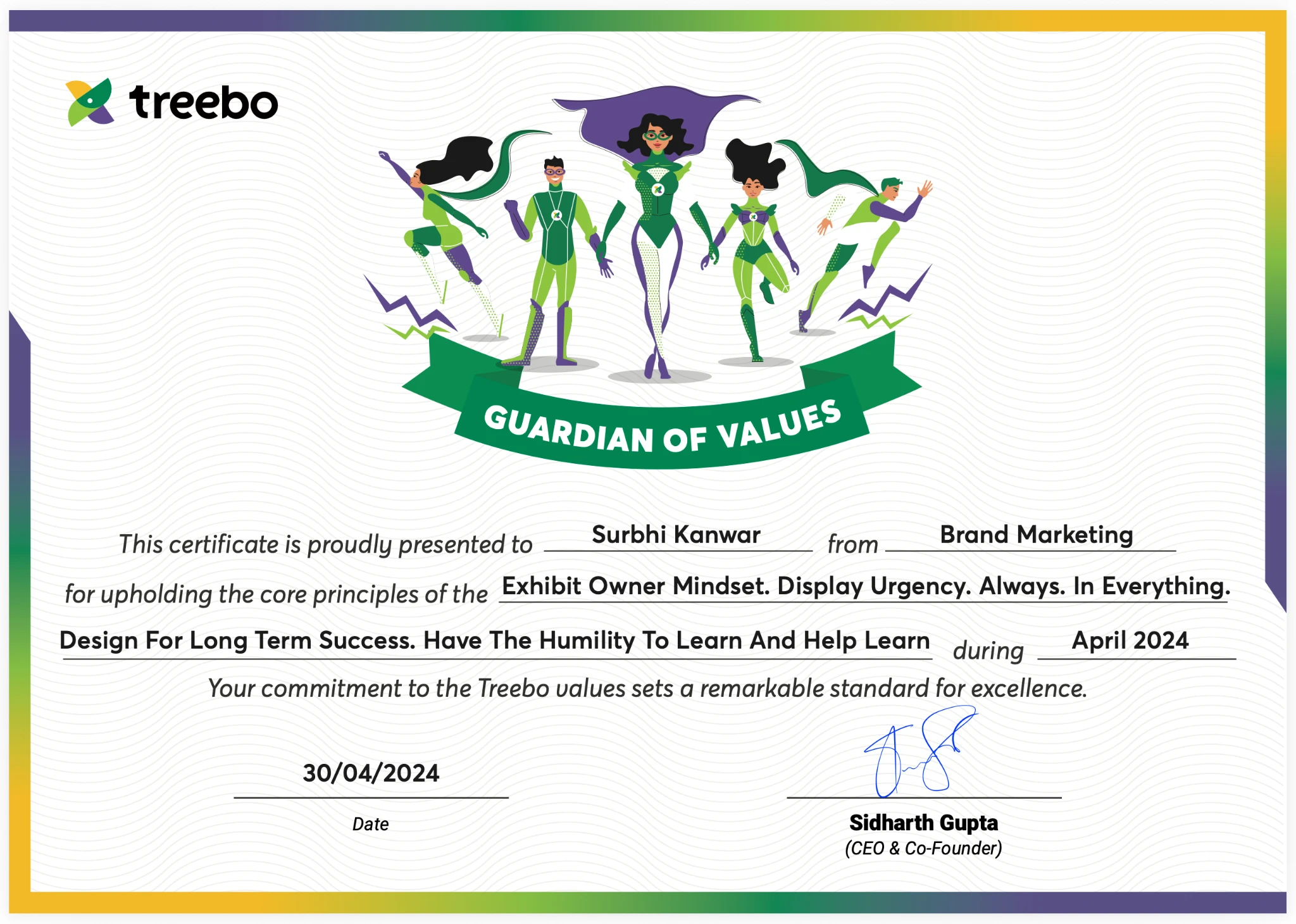 Treebo Guardian of Values certificate awarded to Surbhi Kanwar in April 2024