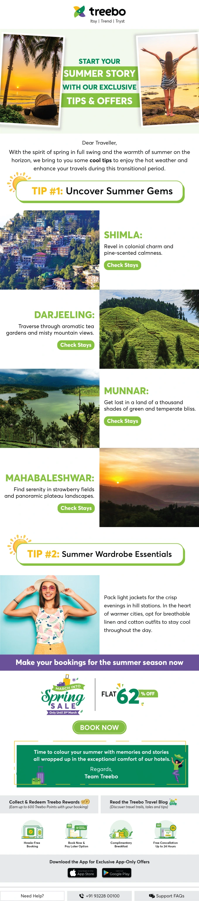 Treebo summer email campaign with destination tips and offers
