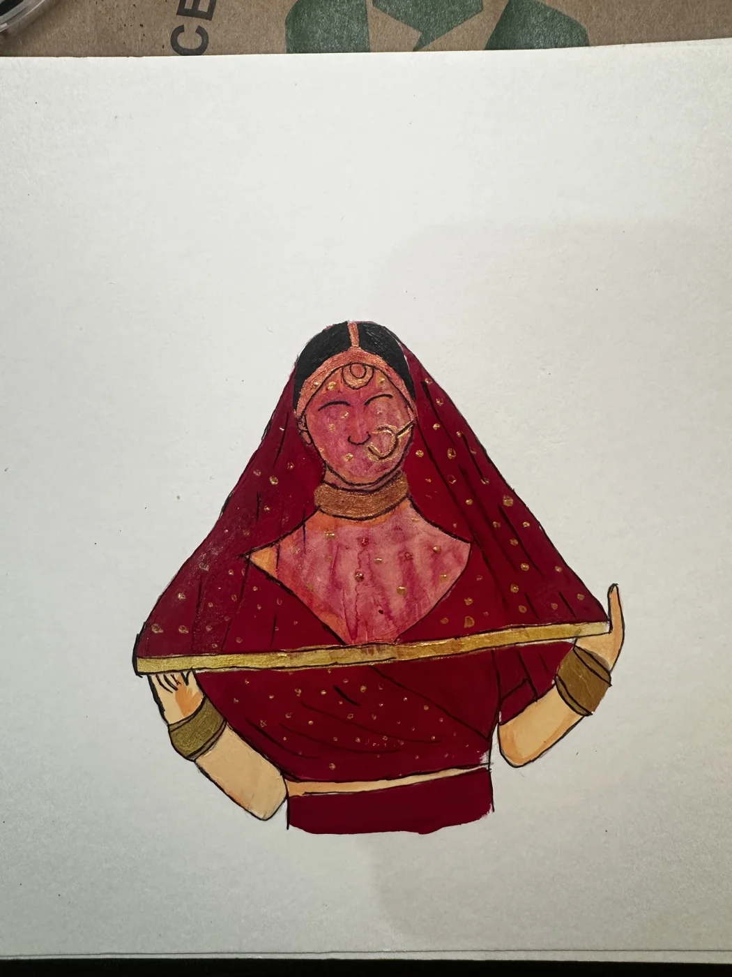 A painting of a woman wearing red and gold traditional clothing