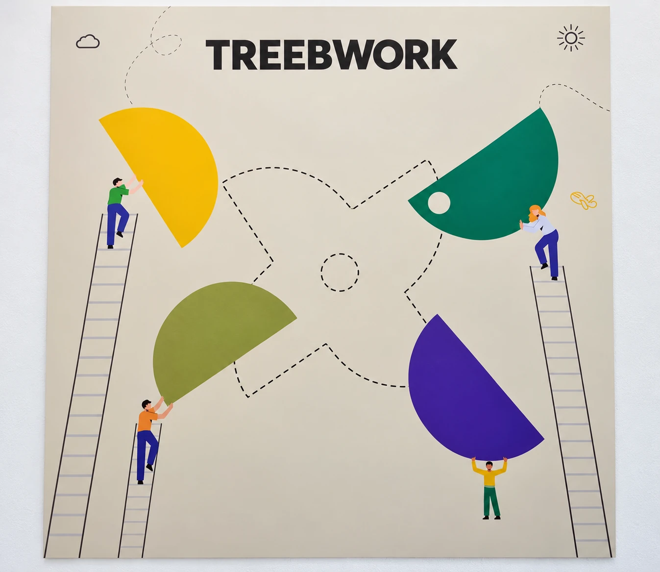 Finished Treebwork office installation showing four people bringing colourful pieces together