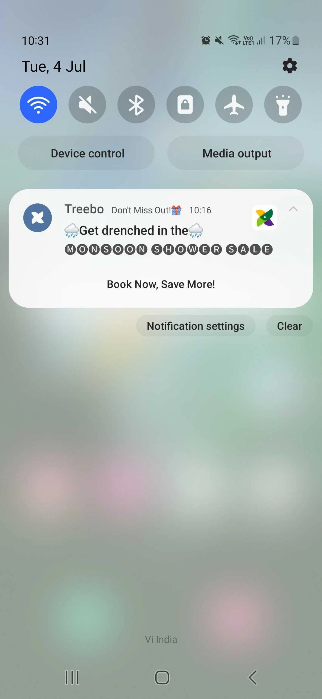 Treebo notification: Get drenched in the Monsoon Shower Sale. Book Now, Save More!