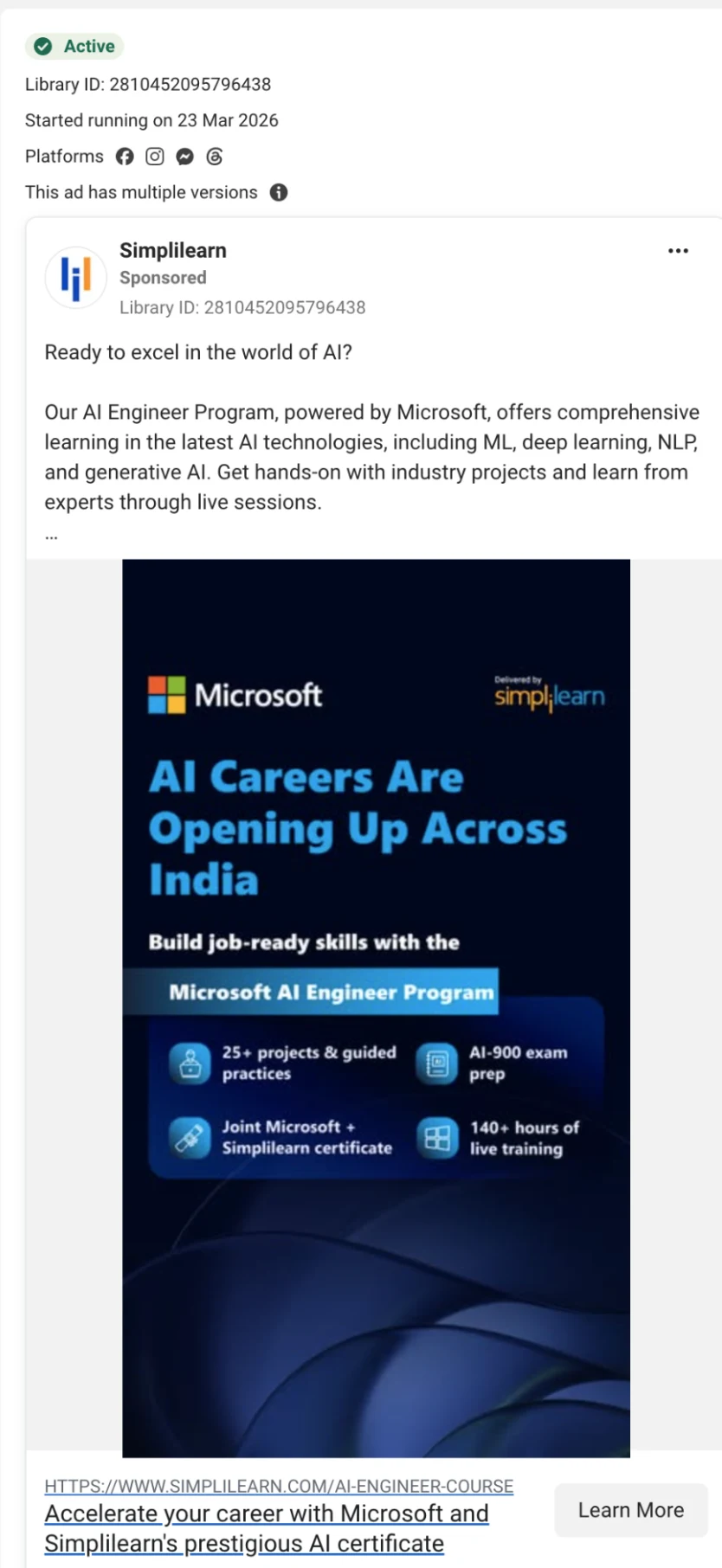 Published Simplilearn Microsoft AI Engineer Program ad about AI career opportunities