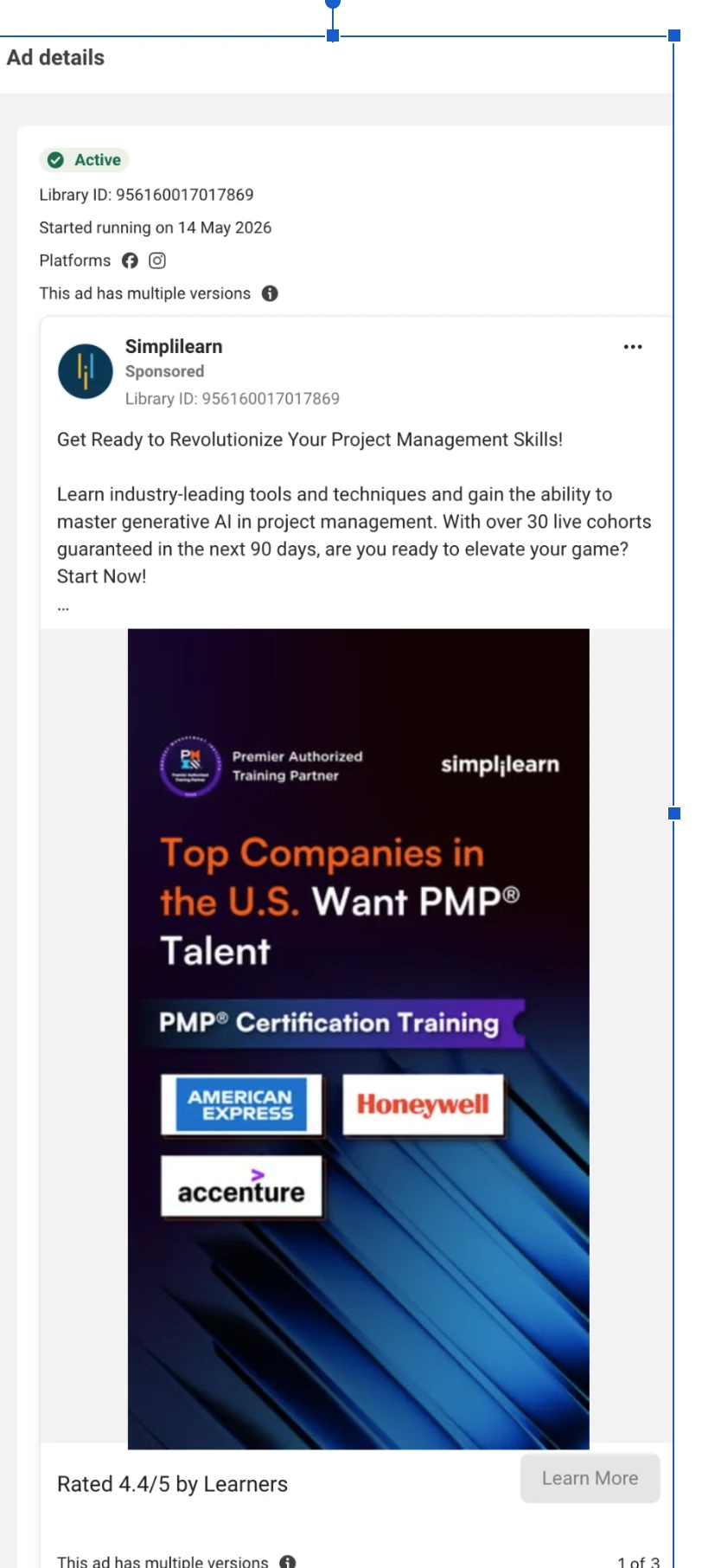 Published Simplilearn PMP Certification Training ad with employer-demand messaging