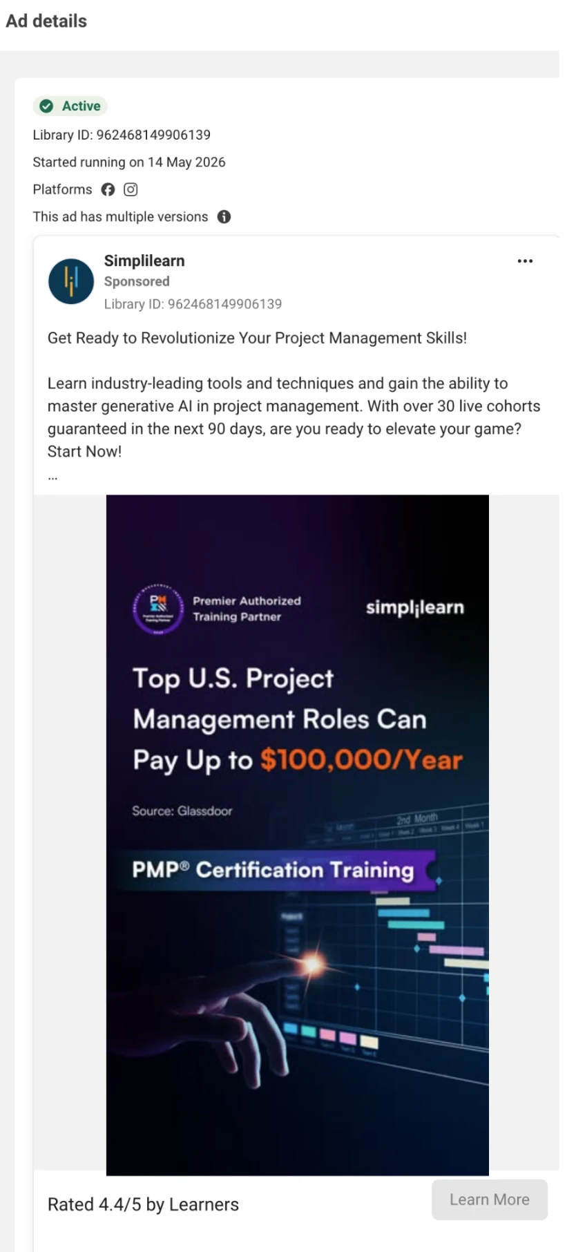 Published Simplilearn PMP Certification Training ad with salary-led messaging