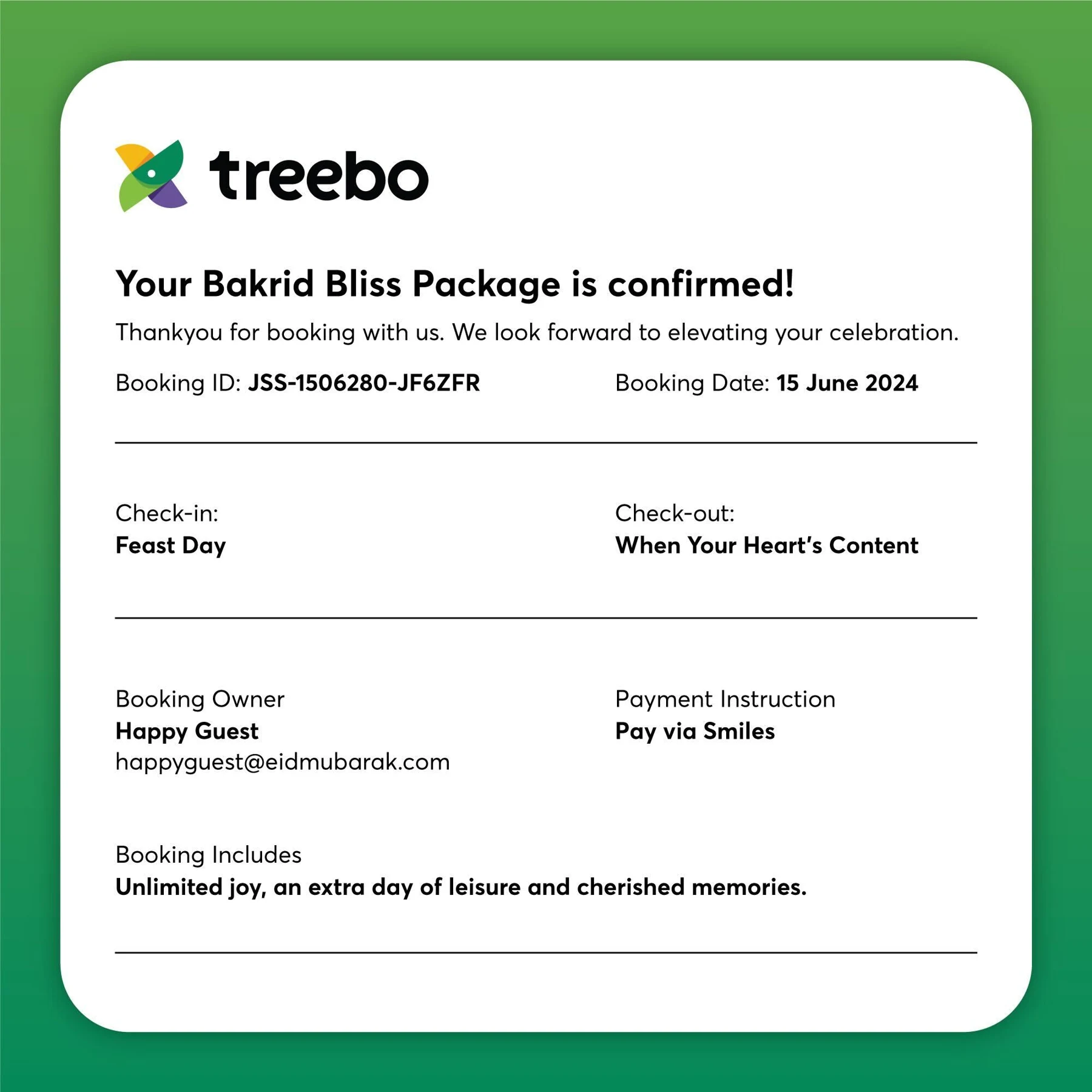 Treebo Bakrid topical using a playful booking confirmation layout